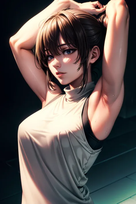 8k high resolution,detailded face,detailed bpdy,perfect body,ultra high quality,1 girl,sleeveless shirt,arms up,armpit, sweating