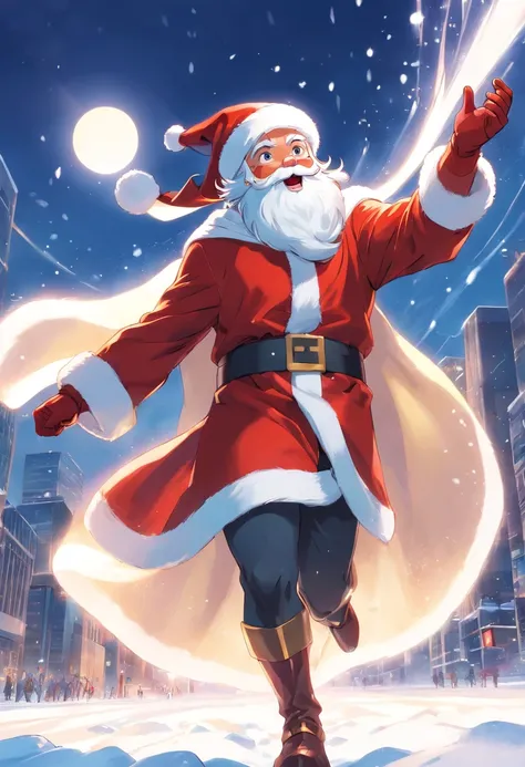 superhero santa claus, Cloak, flying in the snow, salama, super energy magic