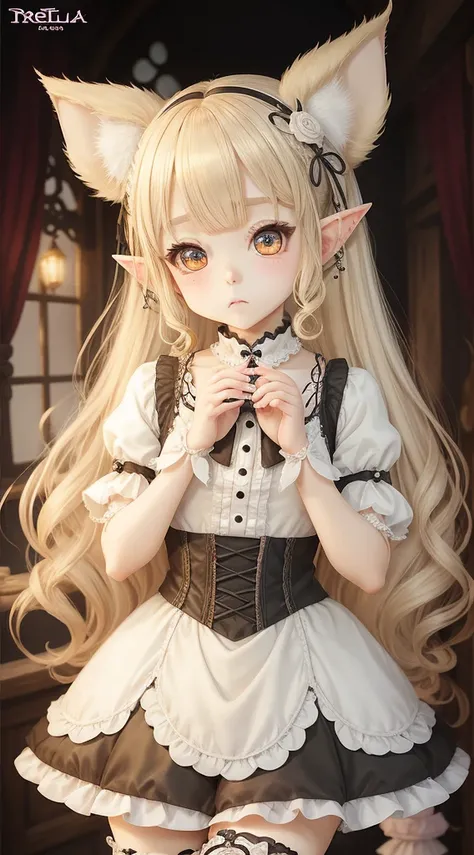 独奏　Idade８Old and small breasted lolita　Kawaii Girl　big eye　pointed elven ears　Long Blonde Hair　１0０centimeter short stature　Gothic Lolita Clothing　Frontal painting