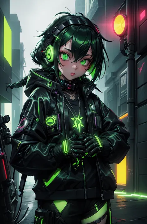 Kizi, Streetwear, Technische Bekleidung, Strahlendes Haar, Handschuhe, tattoos, Cyberpunk, bright glowing green light