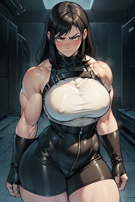 sad girl muscular muscular muscular breasts breasts breasts thick thick thick thick black hair yellow eyes pale skin pale skin thick thick thick skintight thick thick thick thick thick thick muscular simple background long and frown blushing angry thighs t...