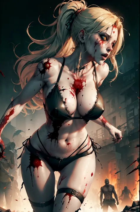 Sexy lady bitten by zombies, hurt, blood on arms, weak, cant walk, almost die, apocslypse zombie