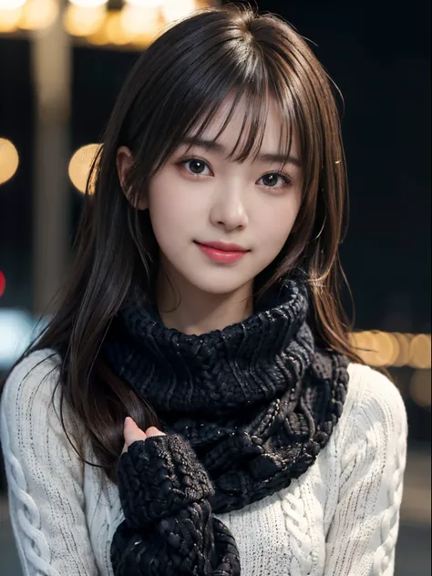 1 japanese girl,(Black sweater:1.4),(She wears a knitted snood around her neck to hide her chin...............:1.5), (Raw photo, Best Quality), (Realistic, Photorealsitic:1.4), masutepiece, extremely delicate and beautiful, Extremely detailed, 8k wallpaper...