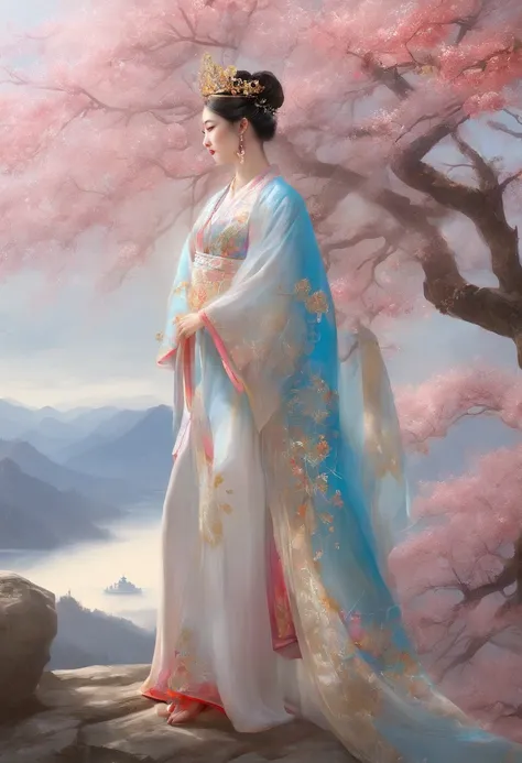 with blue sky and white clouds，mountain in the distance，pink flowers that，cherry tree，Hanfu woman,Phoenix Crown Tiara、Meticulous embroidery、Wearing Hanfu pantyhose、Wearing sleeveless Hanfu、Clear panties are clearly visible、Look at panties and panties、Bare ...