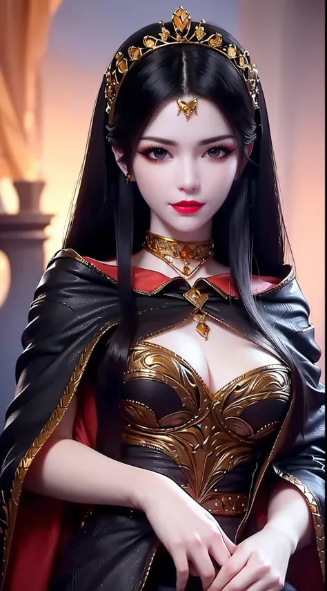 1 girl beautiful queen, wearing a mysterious black cloak, Super beautiful and detailed hair jewelry, colorful gemstones, elegant pose, garden background, soft lighting,vibrant colors, delicate facial features, long jet black hair, big and round breasts, bl...