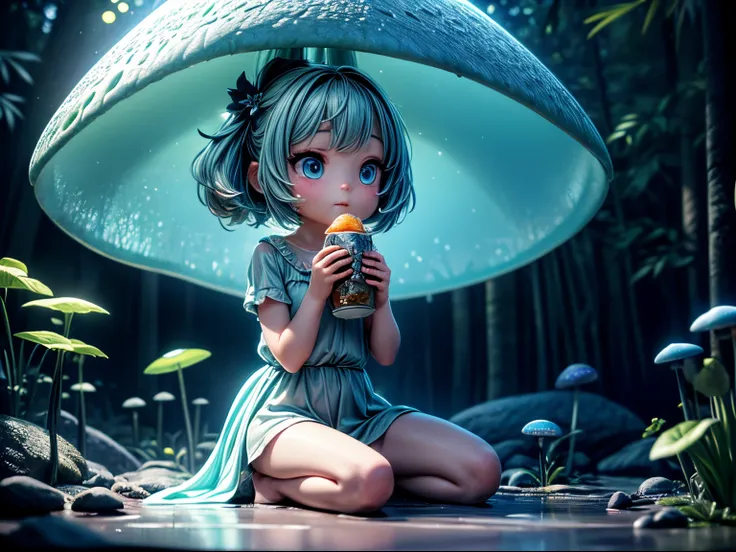 a girl sit and eat lunch in a bioluminescent mushroom forest, realistic, cinematic light, (best quality,4k,8k,highres,masterpiec...