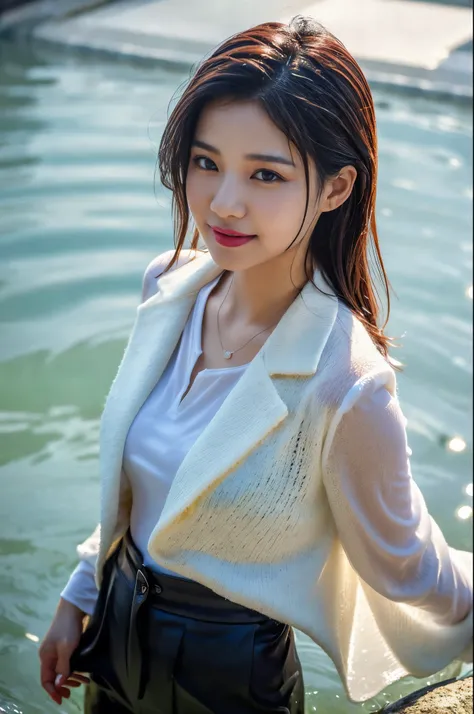 Korean woman in a business suit is standing in the lagoon, dark woollen suit, white blouse, loose tie, dark woollen jacket, waistcoat, closeup fantasy with water magic, beautiful maiden, tight clothing, wet clothing, realistic oil painting, bright sunshine...