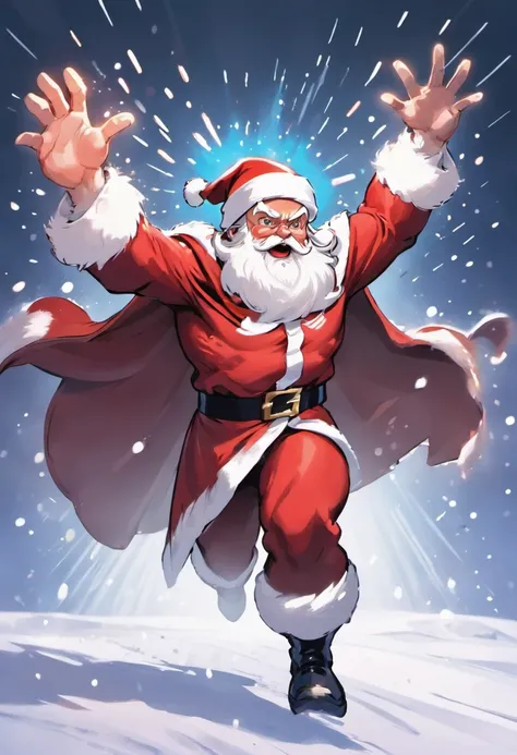 superhero santa claus, Cloak, flying in the snow, safe, super energy magic