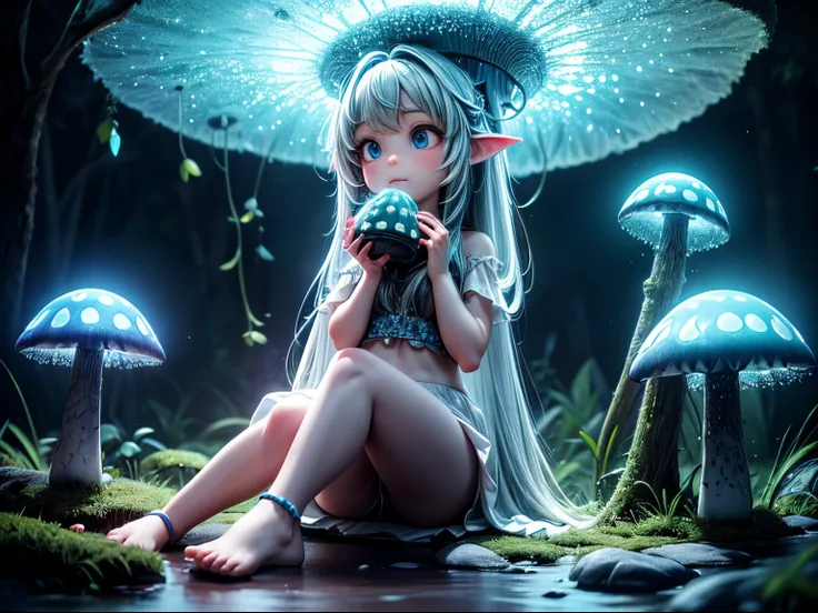 A girl sit and eat lunch in a bioluminescent mushroom forest, realistic, cinematic light, (best quality,4k,8k,highres,masterpiece:1.2), ultra-detailed, vivid colors, sharp focus, HDR, physically based rendering, professional god ray, fractal art