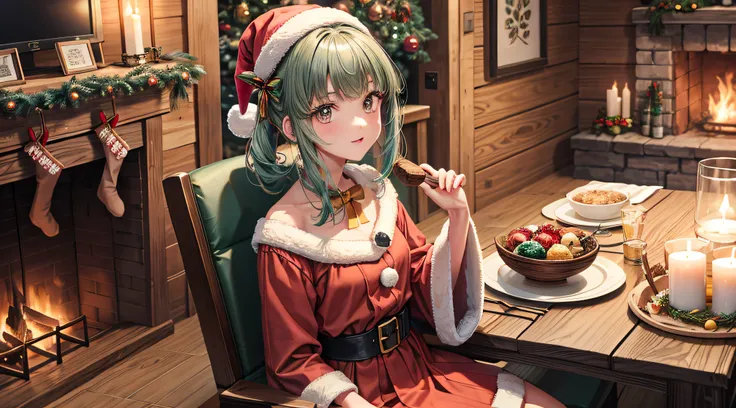 top-quality、​masterpiece、Super Detail、draw the background in detail、细致背景、detailed portrait、1girl in、独奏、sitting in the chair、adultlike face、face perfect、Short ponytail、With bangs、eyes are brown、Green hair、tiny chest、Santa Claus hat、long-sleeve、Santa Claus c...