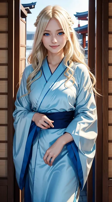 25-year-old Caucasian woman、platinum-blonde、blue eyess、Semi-long、My hair is wavy、a smile、I don&#39;t want my head to disappear from the screen.、Tying hair、wearing kimonos、standing in Kyoto