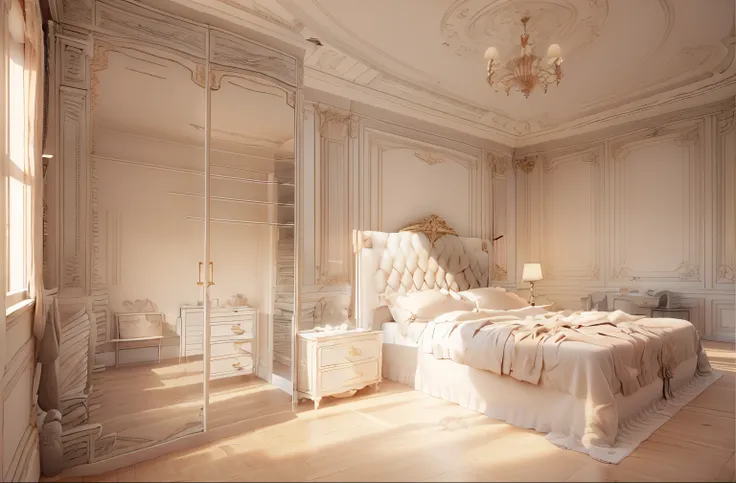 there is a drawing of a bed in a room with a white headboard, render 3 d, 3d finalrender, 3 d finalrender, bed on the right, all white render, bedroom background, dim bedroom, rendered in unreal engine 3d, furniture concept photo!!, rendered in 3 dsmax, 3 ...
