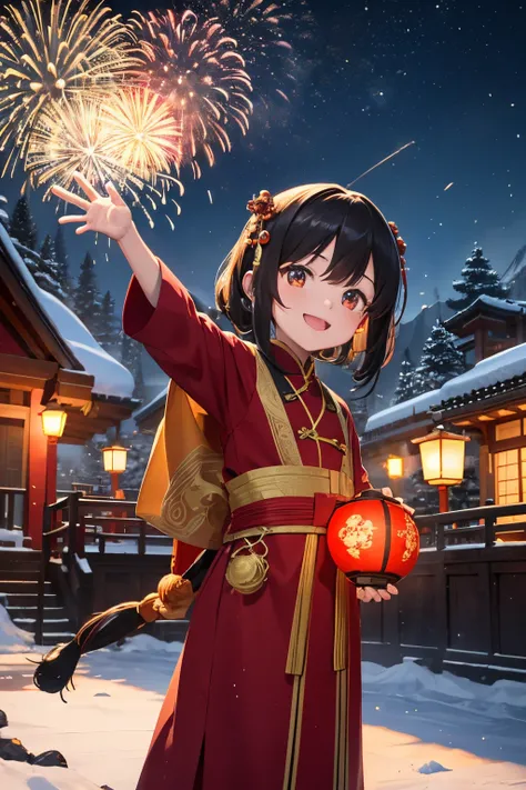 generate a scene，Meixuantu，A cute little child happily waving to the lion，Two-dimensional style，style of anime，Another kid holds fireworks in his hands，new year atmosphere，vibrant with colors，brightly，firecrackers，bustling，New Years scene，城市，fire works，the...