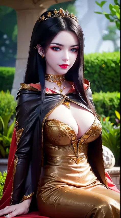 1 girl beautiful queen, ((wearing a mysterious black cloak: 0.8)), Super beautiful and detailed hair jewelry, colorful gemstones, elegant pose, garden background, soft lighting,vibrant colors, delicate facial features, long jet black hair, big and round br...