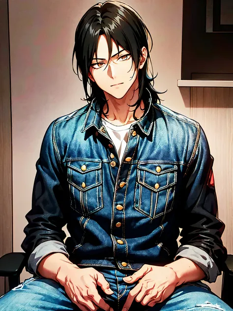 handsome guy, levi ackerman eyes, cat eyelids shape, black hair, mullet x wolf cut hairstyle, wearing a denim jacket, gaming roo...