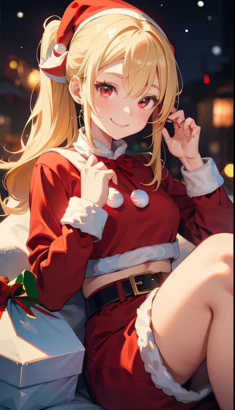 1girl in、a blond、Pony tail、Red Eyes、small tits、A smile、Laugh、Christmas、Dressed in Santa Claus costume、Colors based on red and green