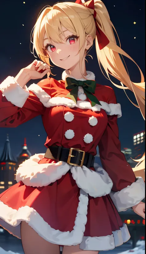 1girl in、a blond、Pony tail、Red Eyes、small tits、A smile、Laugh、Christmas、Dressed in Santa Claus costume、Colors based on red and green