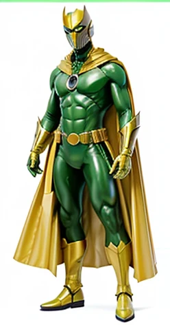 um close up de uma pessoa em um traje verde e amarelo, Como um atlante, Directed by: Juan OGorman, supervillain, Superheroíne, Traje amarelo do X-Man, Ozymandias, captain falcon, tordo, mysterio, com um manto verde, Loki, vestindo capa verde, captain, Retr...