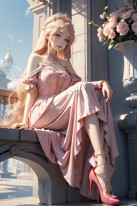 peach princess, Regal in pink dress, Exude elegance. A golden crown rests on her flowing blond hair. Emerald eyes sparkle under long eyelashes, A faint blush appeared on the rosy cheeks. Her slender hands held a parasol, Matches the ruffles of her skirt.. ...