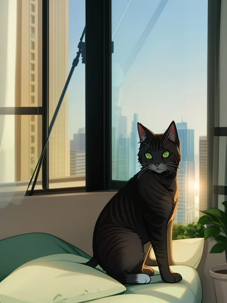 There is a cat sitting on the pillow in front of the window, perched on a skyscraper, Shot with Sony alpha 9, Shot with Sony A7R camera, shot on sony a 7, Shot with Canon 80D, Photos taken with Sony a7R camera, Canon eos r 6 shot, cinematic morning light, ...