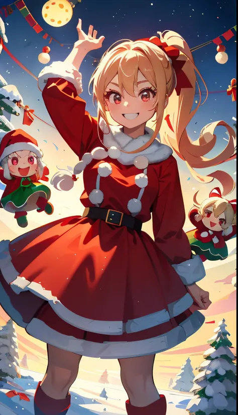 1girl in、a blond、Pony tail、Red Eyes、small tits、A smile、Laugh、Christmas、Dressed in Santa Claus costume、Colors based on red and green