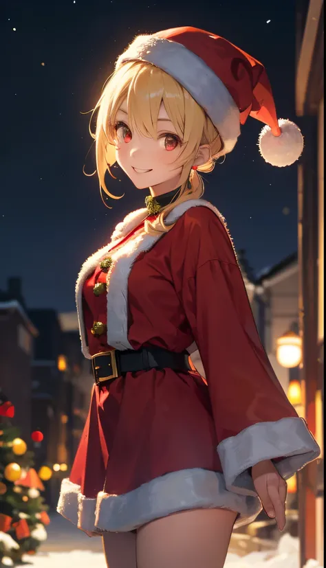 1girl in、a blond、Pony tail、Red Eyes、small tits、A smile、Laugh、Christmas、Dressed in Santa Claus costume、Colors based on red and green