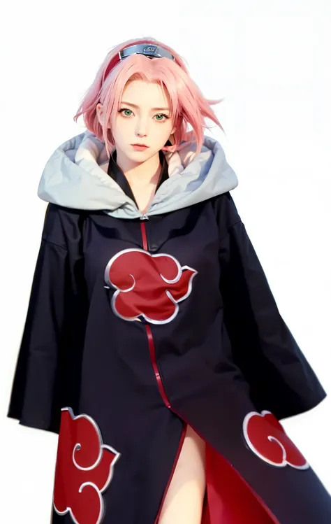 Real life adaption of this character,her name is sakura haruno from anime Naruto,she has a realistic same pink hair with a red headband, realistic same outfit, realistic same apron, beautiful korean teen face, she has green eyes color, realistic light, rea...