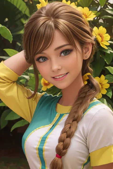 (realista: 1.4), mejor calidad, ultra-high-resolution, 4k ,  Detalles intrincados , Altamente detallado, A 14-year-old girl , very light brown hair with braid , Cabello largo , todo muy detallado , Sonriente  , alto contraste  ,  Background flowers falling...