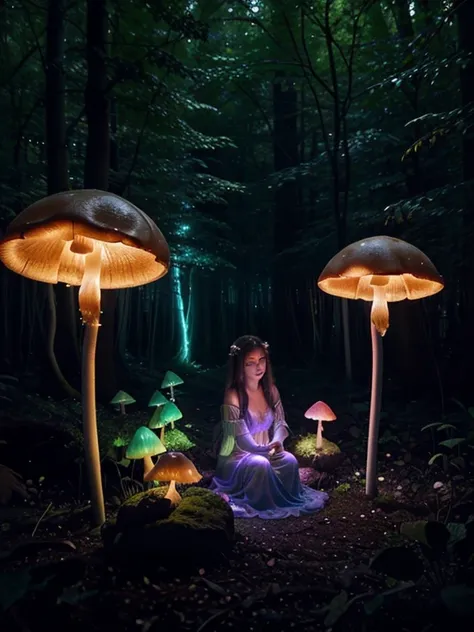 bioluminescent mushrooms, shiny caps, glowing stems, magical forest, vibrant colors, eerie atmosphere, enchanting glow, ethereal beauty, soft illumination, surreal scene, luminescent spores, shimmering fungi, dreamlike setting, mysterious ambiance, otherwo...