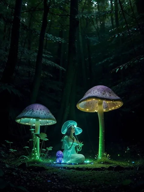 bioluminescent mushrooms, shiny caps, glowing stems, magical forest, vibrant colors, eerie atmosphere, enchanting glow, ethereal beauty, soft illumination, surreal scene, luminescent spores, shimmering fungi, dreamlike setting, mysterious ambiance, otherwo...