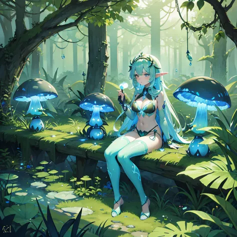 Bioluminescent Mushroom with giga_busty elf  --ar 2:3 --auto