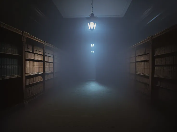 dimly lit corridor，There are bookshelves and a cat in the distance, gloomy library, in a gloomy library, dark library, dusty library, The library background is blurred, library background, In a destroyed library, inside a library, in library, Disturbingly ...