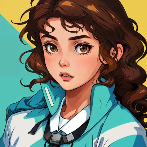 Girl with brown wavy hair, brown eyes, 80s anime