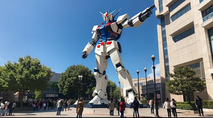 People looking up at a gigantic Gundam-like robot statue standing in a town square