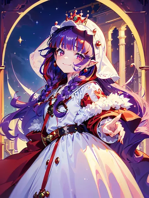 ((((Princess of Moonberg)))), ((1little girl)), 13years, ((drooing eyes)),(((deep purple hair))), ((Blunt bangs)), (Fluffy long hair), (Deep red eyes), Pearl earrings,
((((red hood)))), (Lotto emblem on hood), (((Red Stall))),  ((White robe with red edging...