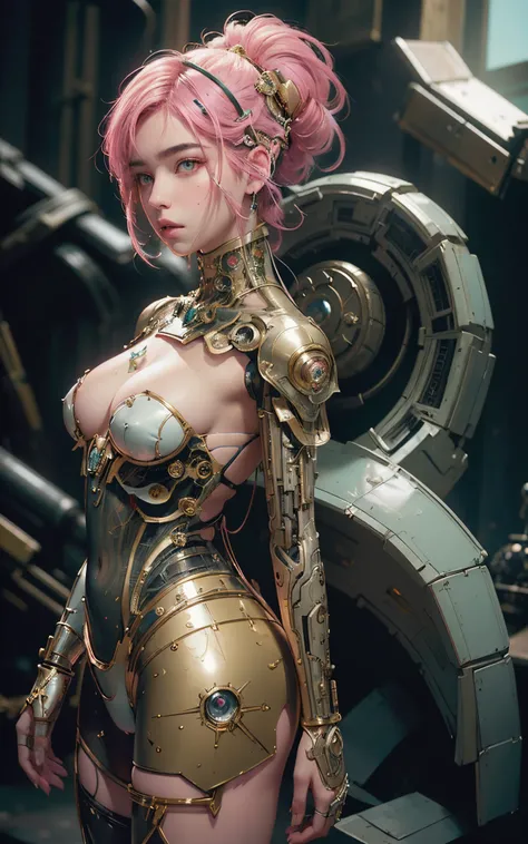 8k portrait of beautiful (cyborg) with pink hair, (Dua Lipa) , mecha musume scifi body suit, pauldrons, intricate, elegant, highly detailed, majestic, digital photography, art by artgerm and ruan jia and greg rutkowski surreal painting reflective, hairpin ...