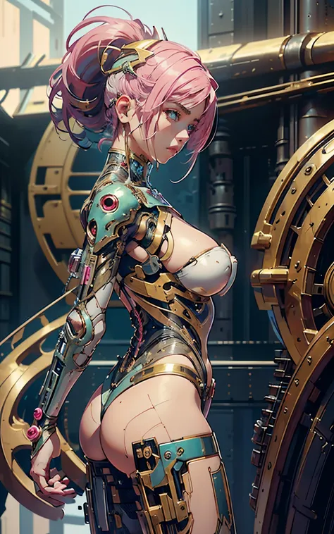 8k portrait of beautiful (cyborg) with pink hair, (Dua Lipa) , mecha musume scifi body suit, pauldrons, intricate, elegant, highly detailed, majestic, digital photography, art by artgerm and ruan jia and greg rutkowski surreal painting reflective, hairpin ...