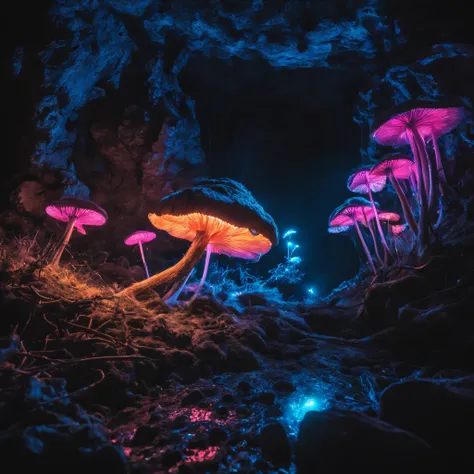 Bioluminescent mushrooms grow on the walls of a dark cave, mushrooms glow with blue and pink neon light, many glowing mushrooms of different sizes on thin legs, mushrooms cover a third of the cave walls, luminous threads are woven into bizarre shapes, in t...