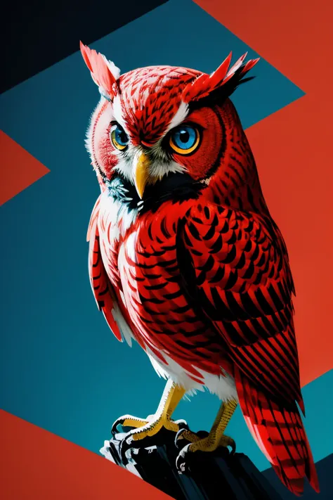 An illustration of a red owl with bright blue eyes in the style of abstract expressionism