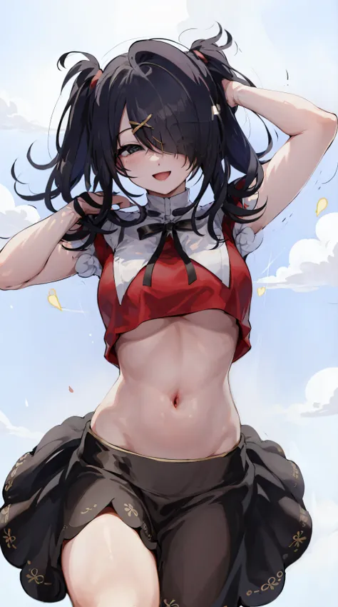 masterpiece, best quality, 1girl, solo, ame-chan, midriff, bare stomach, chubby stomach, black skirt, standing, light smile, happy, sky background, perfect hands, perfectly draw hands