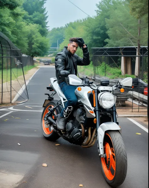 there is a man sitting on a motorcycle in a parking lot, with a cool pose, riding on the road, on a road, cool pose, front profile!!!!, riding a motorcycle, without helmet, taken with the best dlsr camera, with octane, taken with sony alpha 9, very artisti...