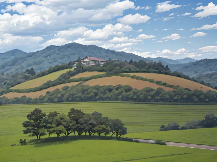 hill with trees, hills in the background, lots of trees, landscape from a car window,  trees in the grassy hills, rolling hills, varied trees in the back, with rolling hills, view from the distance, countryside in Malaysia.