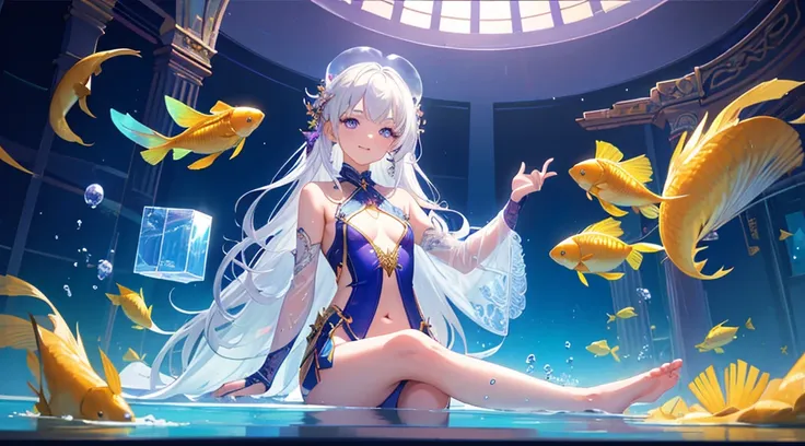 [(Transparent background:1.5)::5],(((masterpiece))),(((best quality))),(((extremely detailed))),illustration, 1girl,solo,mysterious,vivid color,shiny, underwater transparent sealed hemispherical glass dome, (white hair),(purple eyes), full body,barefoot,lo...