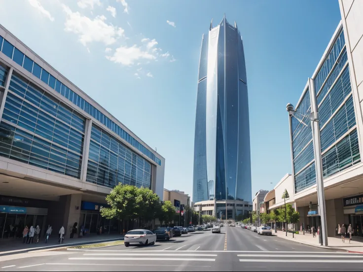 Super mall, large, road front of mall, big drome on mall, glass tower behind, no one, wide angle, big monitor around