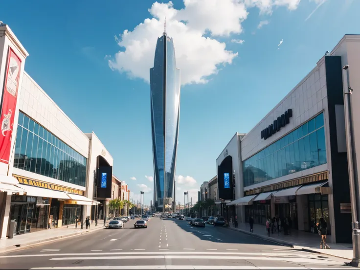 Super mall, large, road front of mall, big drome on mall, glass tower behind, no one, wide angle, big monitor around