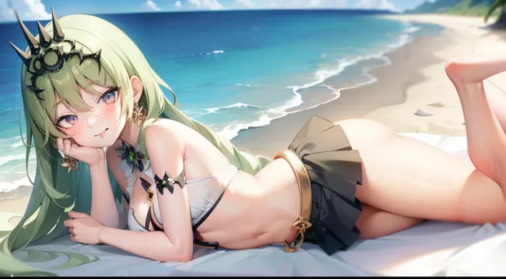 a anime girl wearing a mini skirt laying on the beach with the sea and sky behind her, skirt, mini skirt, 1girl, green hair, green eyes, outdoors, tongue, solo, lying, tongue out, beach, earrings, jewelry, looking at viewer, small breasts, long hair, bangs...