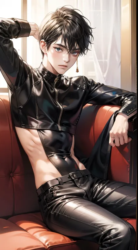 masutepiece, high-level image quality, Beautiful One Boy, Sitting on the sofa with legs crossed, Upper body naked, Black leather long pants, twinks, Black Shorthair