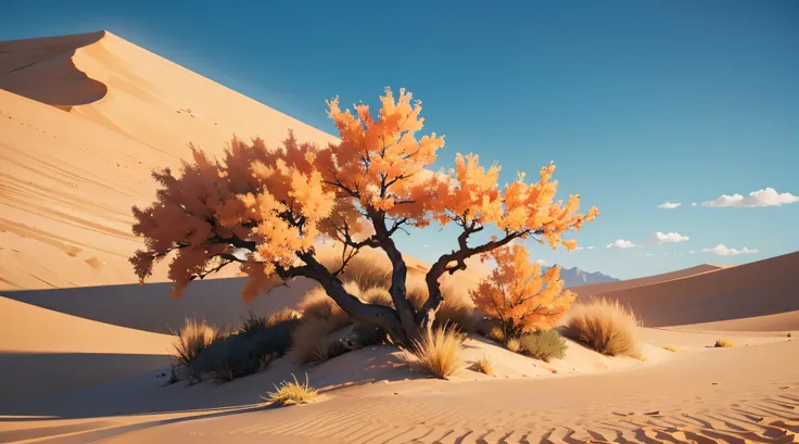 (illustrations : 1.0), photorealistic lighting, HD detail, 夏天, desert, sand, daytime, Dead wood,