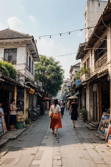 landscape image of Hanoi, with the nostalgic view, Vietnam flag on the street along the traditional house, the market and people are happy surrounded