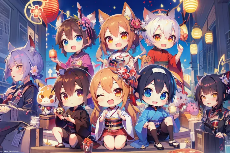 anime girls with cats and lanterns in the background, kawacy, cute anime, anime party of friend of wisdom, genshin, pixiv, chibi...